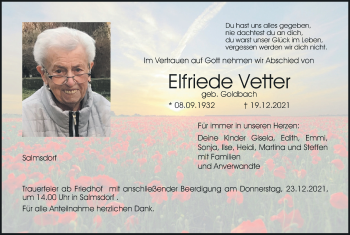 Anzeige von Elfriede Vetter von MGO
