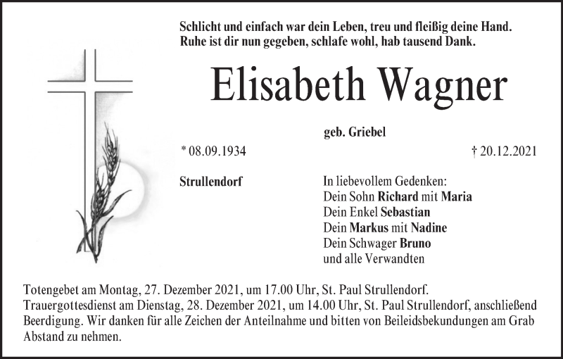  Traueranzeige für Elisabeth Wagner vom 24.12.2021 aus MGO