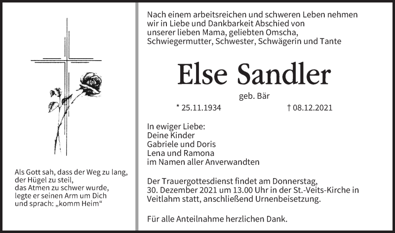  Traueranzeige für Else Sandler vom 27.12.2021 aus MGO