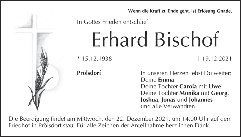  Traueranzeige für Erhard Bischof vom 21.12.2021 aus MGO