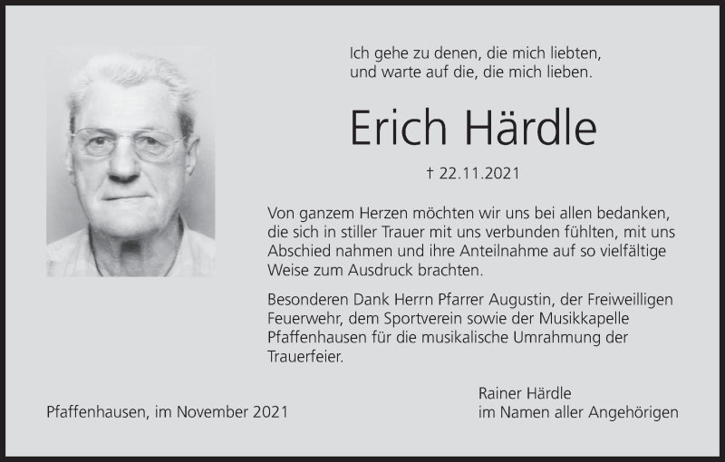  Traueranzeige für Erich Härdle vom 23.12.2021 aus MGO