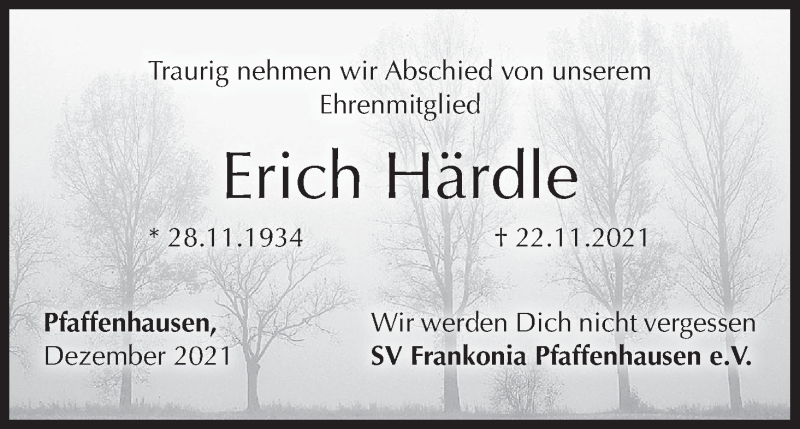  Traueranzeige für Erich Härdle vom 09.12.2021 aus MGO