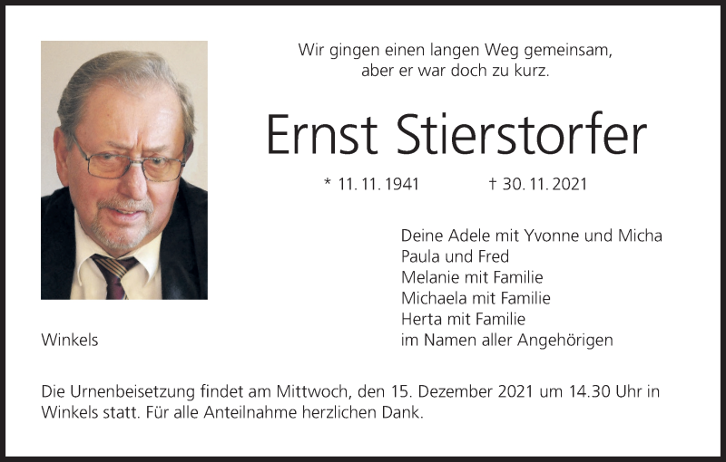  Traueranzeige für Ernst Stierstorfer vom 11.12.2021 aus MGO