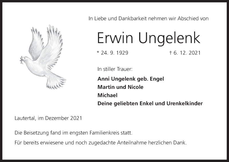  Traueranzeige für Erwin Ungelenk vom 18.12.2021 aus MGO