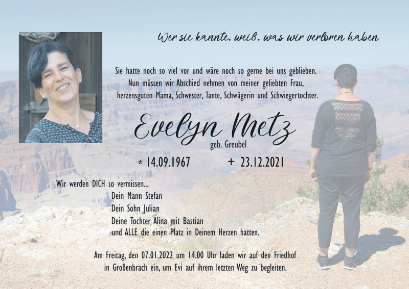  Traueranzeige für Evelyn Metz vom 30.12.2021 aus MGO