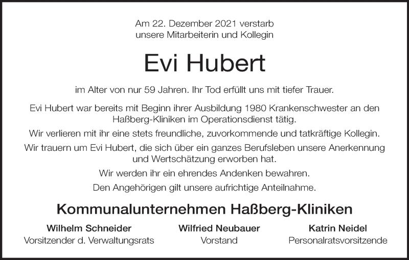 Traueranzeige für Evi Hubert vom 28.12.2021 aus MGO
