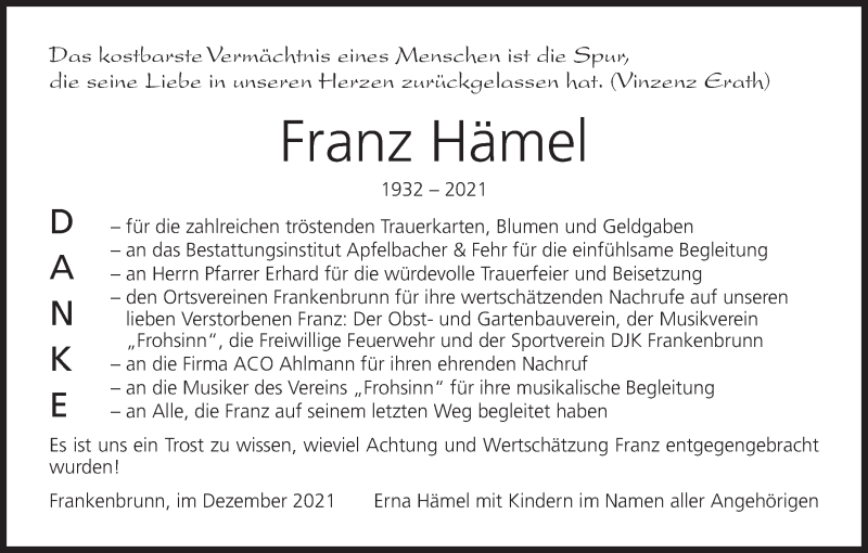  Traueranzeige für Franz Hämel vom 03.12.2021 aus MGO