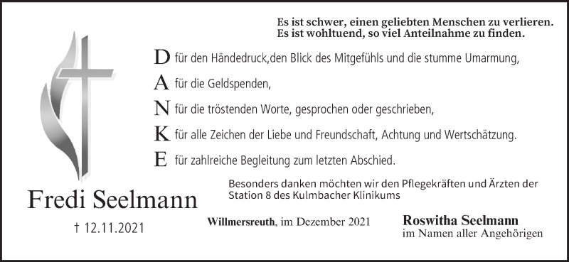  Traueranzeige für Fredi Seelmann vom 10.12.2021 aus MGO