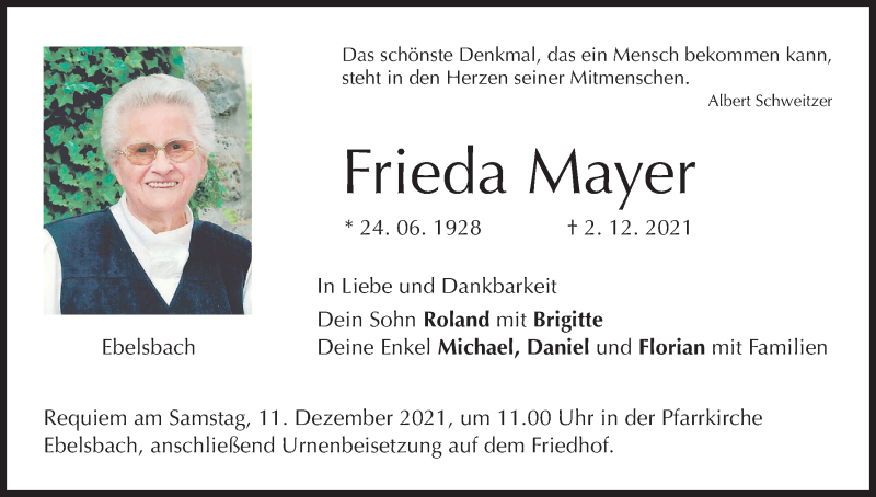  Traueranzeige für Frieda Mayer vom 08.12.2021 aus MGO