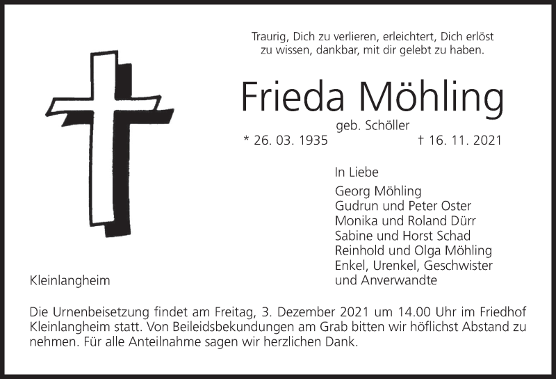  Traueranzeige für Frieda Möhling vom 30.11.2021 aus MGO