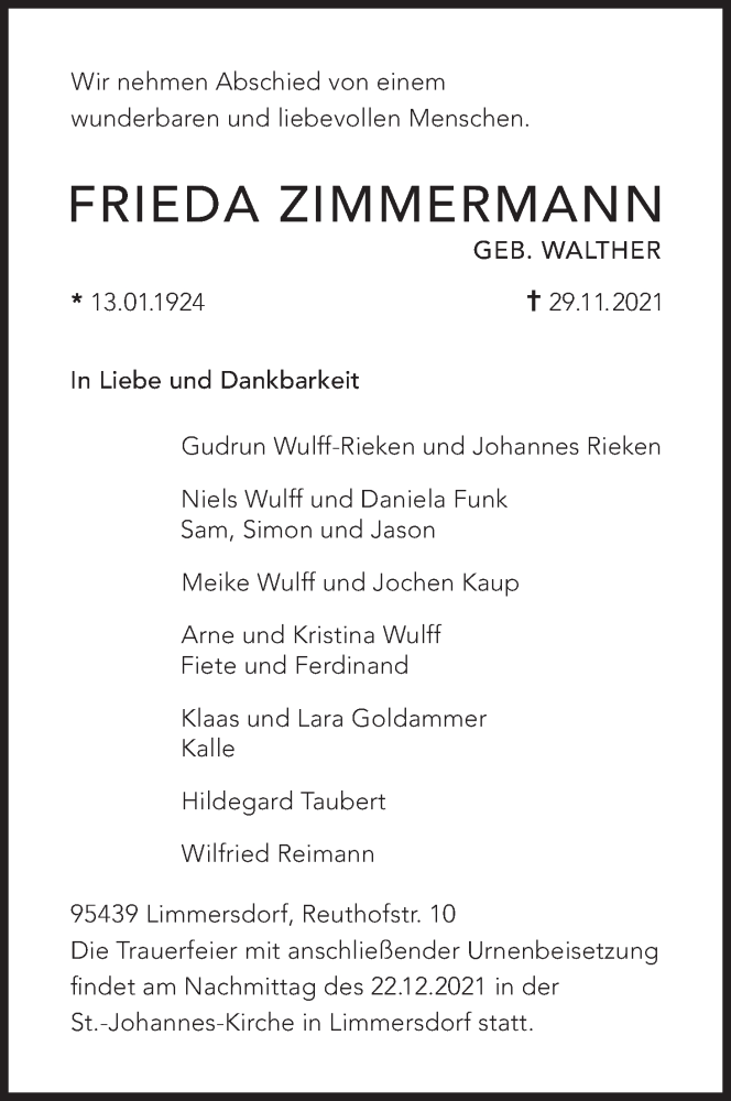 Traueranzeige für Frieda Zimmermann vom 18.12.2021 aus MGO
