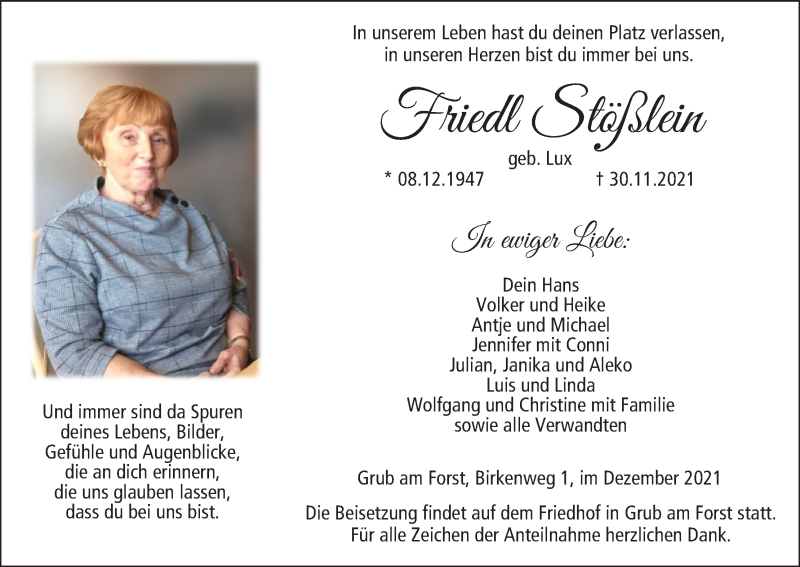  Traueranzeige für Friedl Stößlein vom 04.12.2021 aus MGO