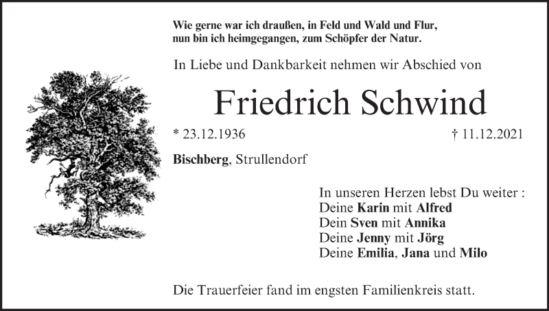  Traueranzeige für Friedrich Schwind vom 18.12.2021 aus MGO