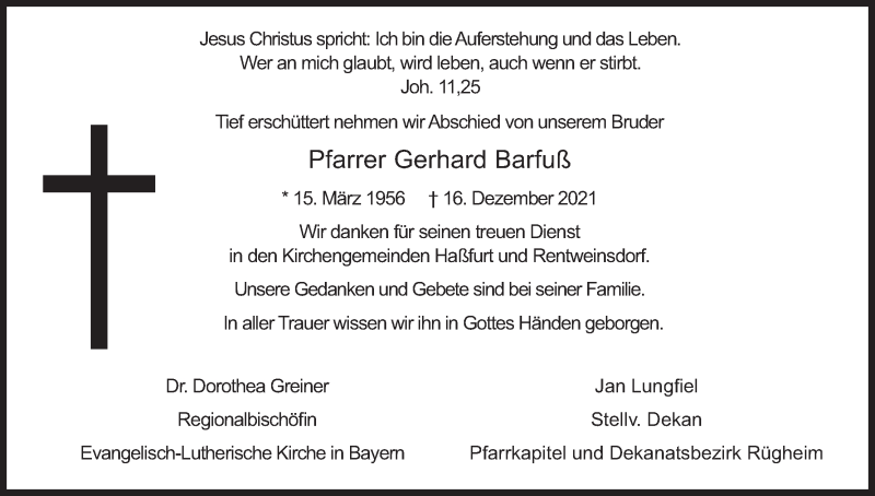  Traueranzeige für Gerhard Barfuß vom 21.12.2021 aus MGO