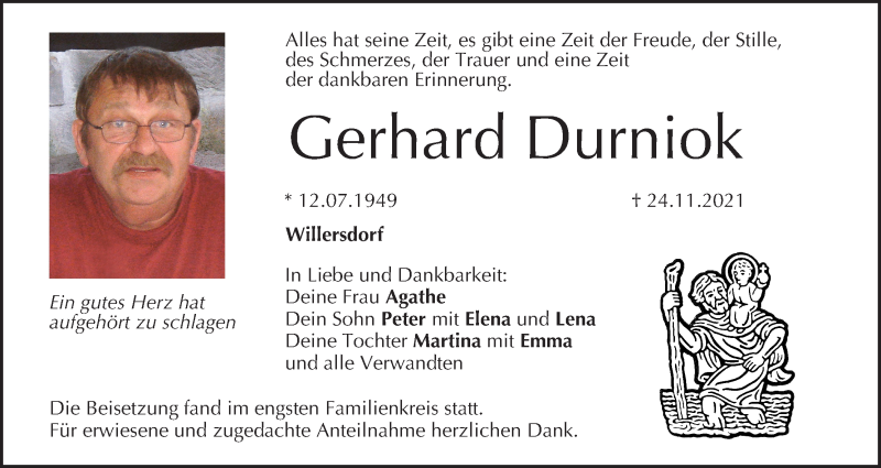  Traueranzeige für Gerhard Durniok vom 04.12.2021 aus MGO
