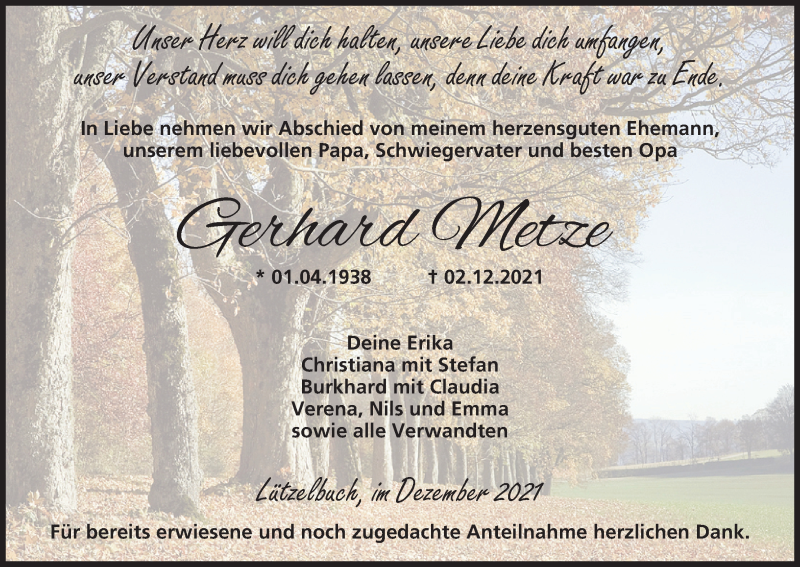  Traueranzeige für Gerhard Metze vom 11.12.2021 aus MGO