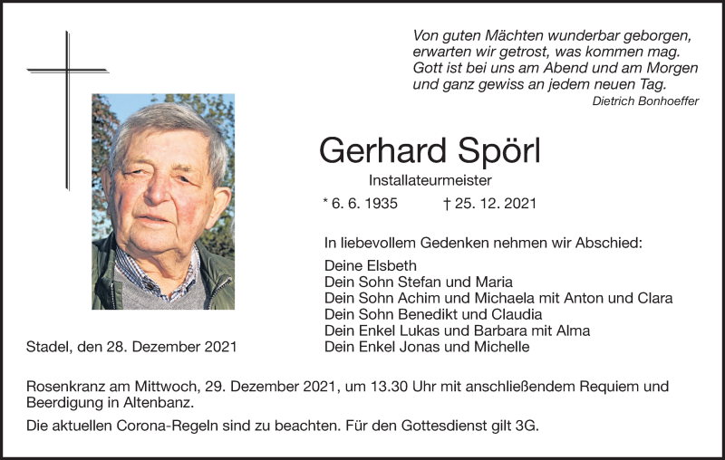  Traueranzeige für Gerhard Spörl vom 28.12.2021 aus MGO