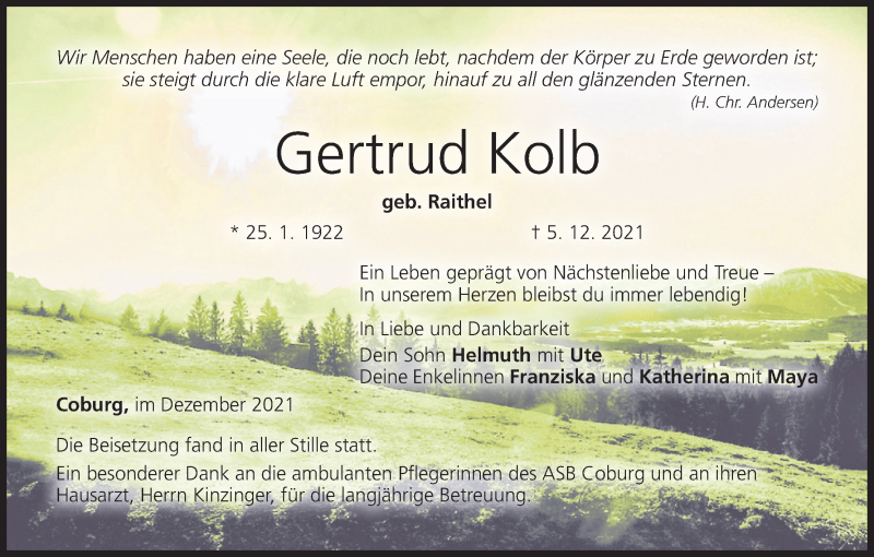  Traueranzeige für Gertrud Kolb vom 24.12.2021 aus MGO