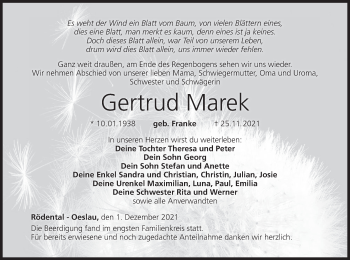 Anzeige von Gertrud Marek von MGO