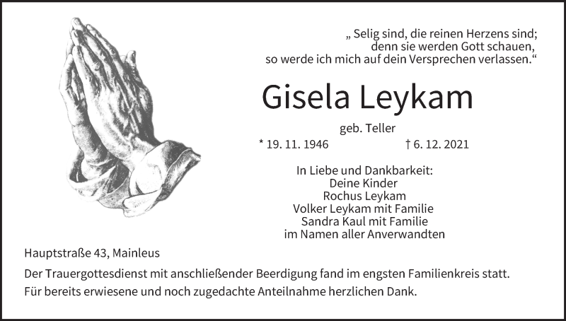  Traueranzeige für Gisela Leykam vom 11.12.2021 aus MGO
