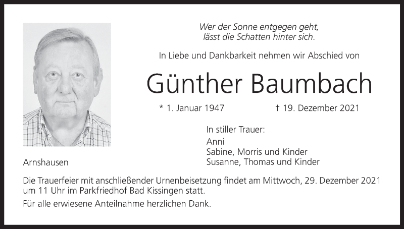 Traueranzeige für Günther Baumbach vom 27.12.2021 aus MGO