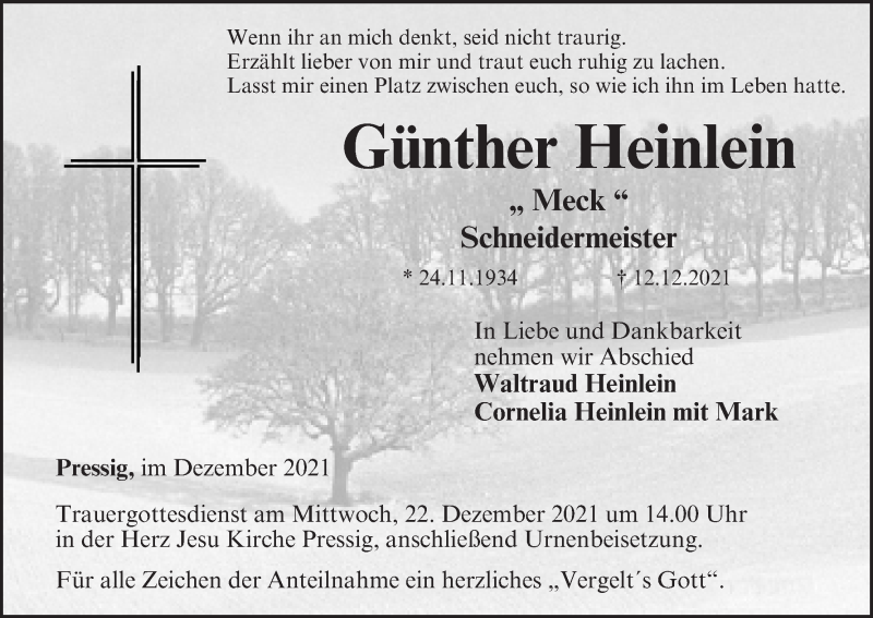  Traueranzeige für Günther Heinlein vom 15.12.2021 aus MGO