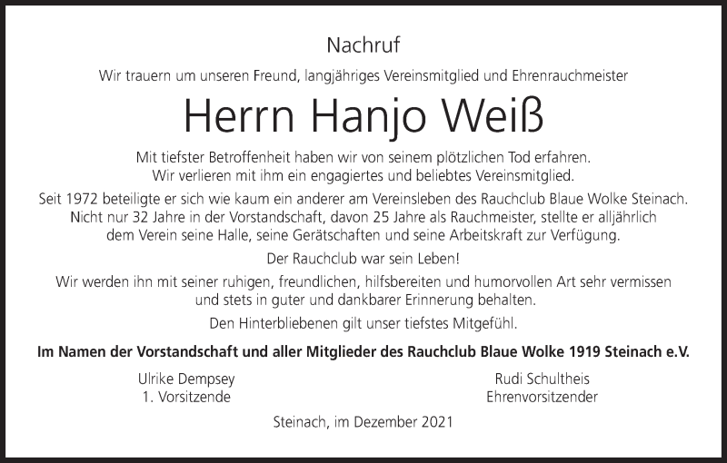  Traueranzeige für Hanjo Weiß vom 27.12.2021 aus MGO