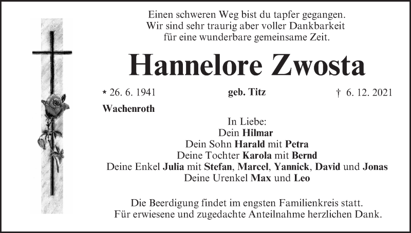  Traueranzeige für Hannelore Zwosta vom 13.12.2021 aus MGO