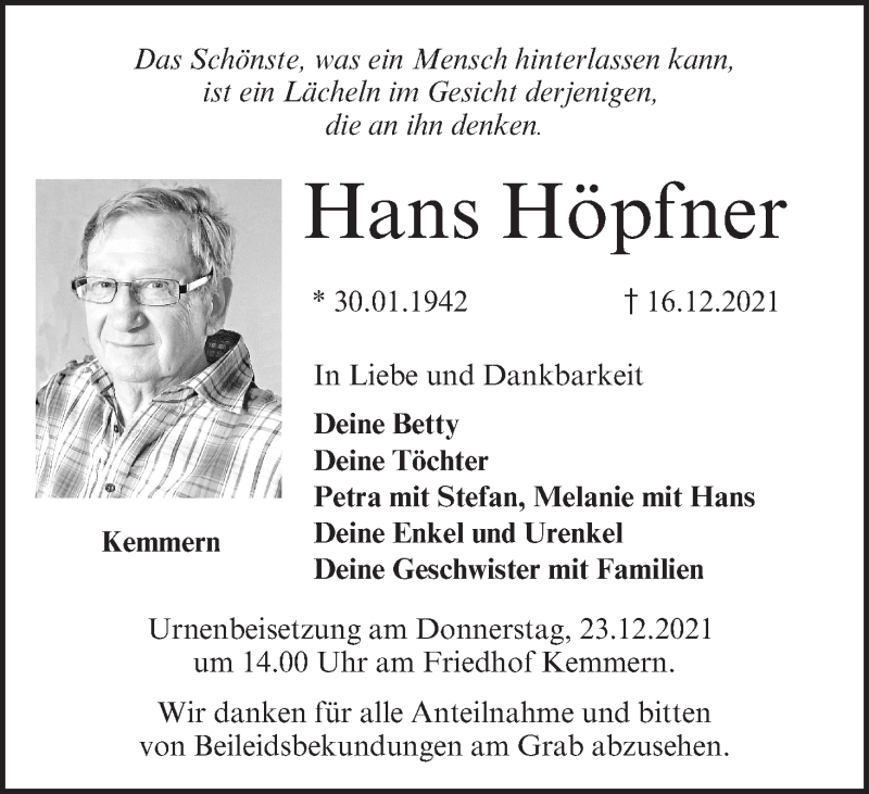  Traueranzeige für Hans Höpfner vom 18.12.2021 aus MGO