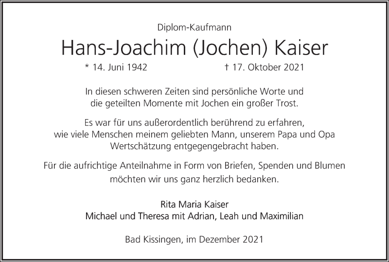  Traueranzeige für Hans-Joachim Kaiser vom 18.12.2021 aus MGO