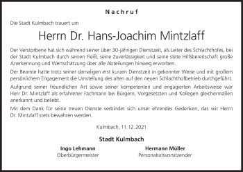 Anzeige von Hans-Joachim Mintzlaff von MGO