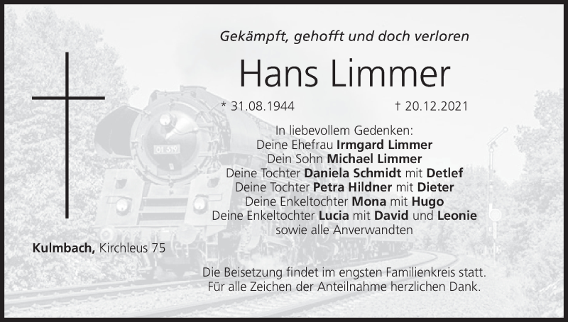  Traueranzeige für Hans Limmer vom 22.12.2021 aus MGO