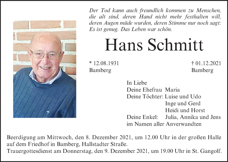  Traueranzeige für Hans Schmitt vom 04.12.2021 aus MGO