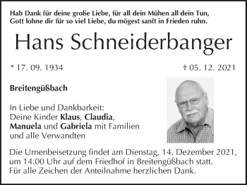 Anzeige von Hans Schneiderbanger von MGO