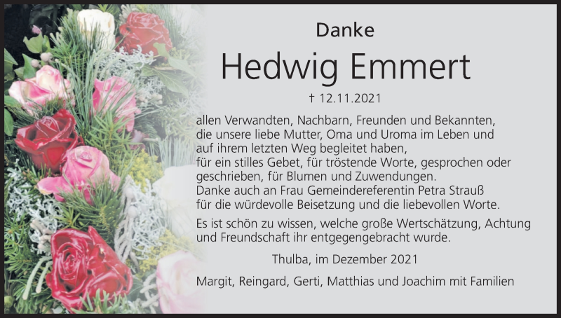  Traueranzeige für Hedwig Emmert vom 11.12.2021 aus MGO
