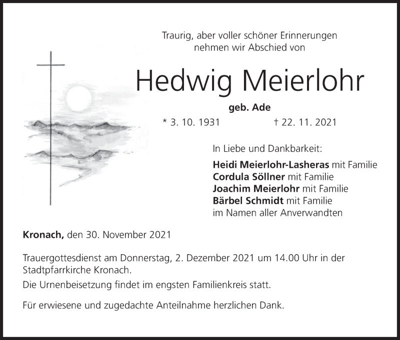  Traueranzeige für Hedwig Meierlohr vom 30.11.2021 aus MGO