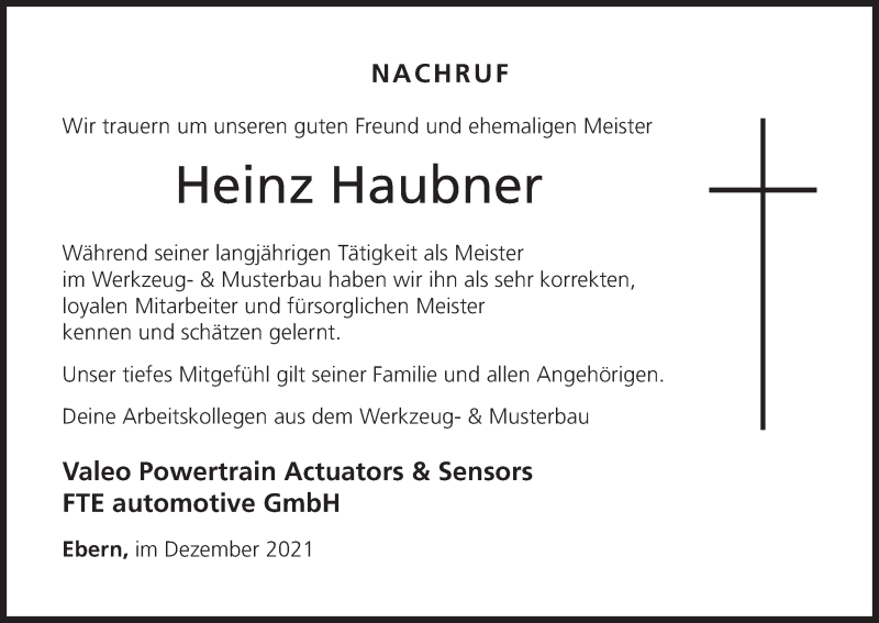  Traueranzeige für Heinz Haubner vom 04.12.2021 aus MGO