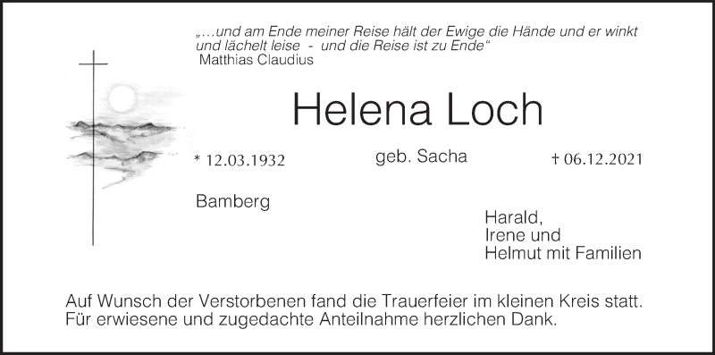  Traueranzeige für Helena Loch vom 24.12.2021 aus MGO