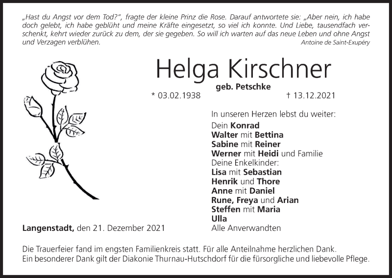 Traueranzeige für Helga Kirschner vom 21.12.2021 aus MGO