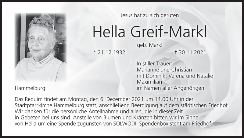  Traueranzeige für Hella Greif-Markl vom 04.12.2021 aus MGO