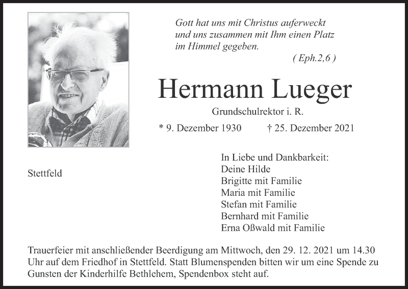  Traueranzeige für Hermann Lueger vom 28.12.2021 aus MGO