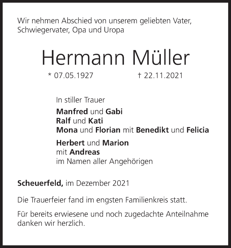  Traueranzeige für Hermann Müller vom 04.12.2021 aus MGO
