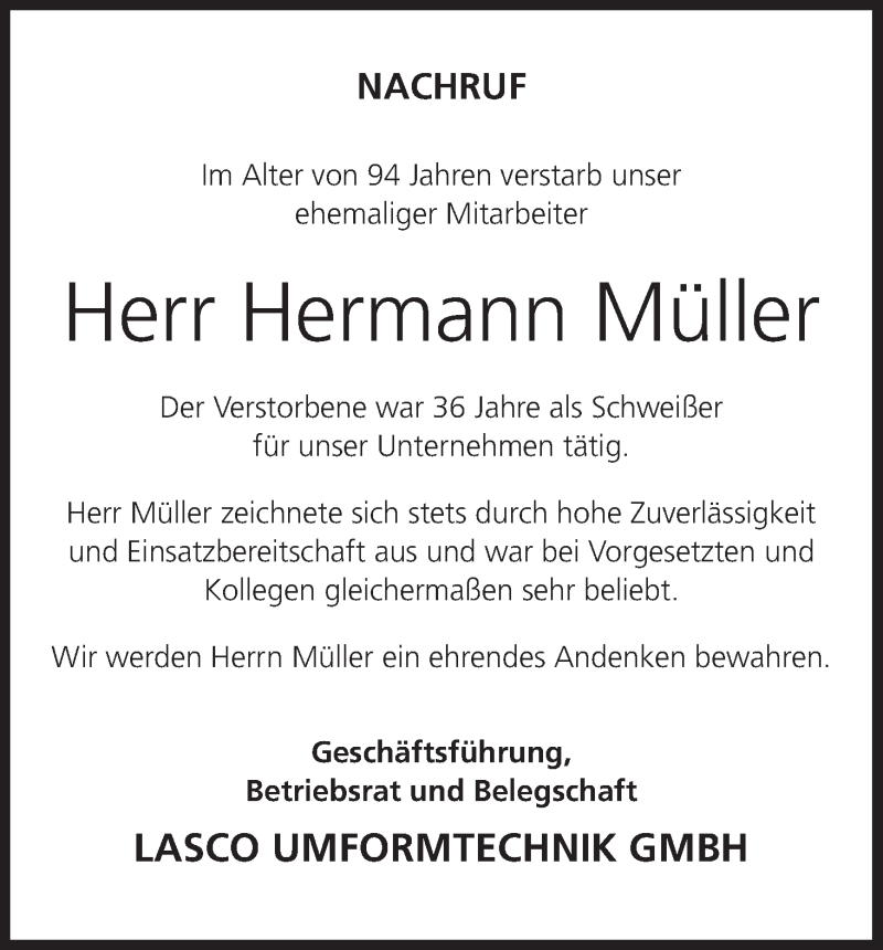  Traueranzeige für Hermann Müller vom 21.12.2021 aus MGO