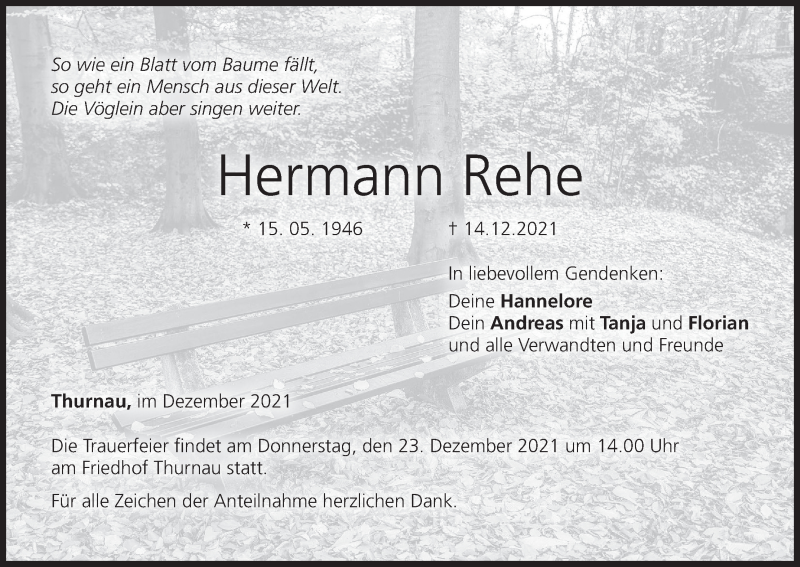  Traueranzeige für Hermann Rehe vom 21.12.2021 aus MGO