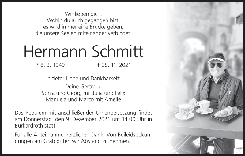  Traueranzeige für Hermann Schmitt vom 04.12.2021 aus MGO