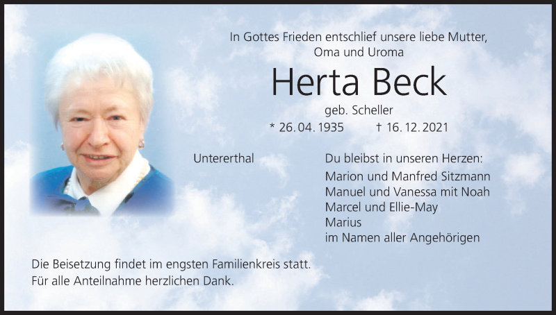  Traueranzeige für Herta Beck vom 18.12.2021 aus MGO