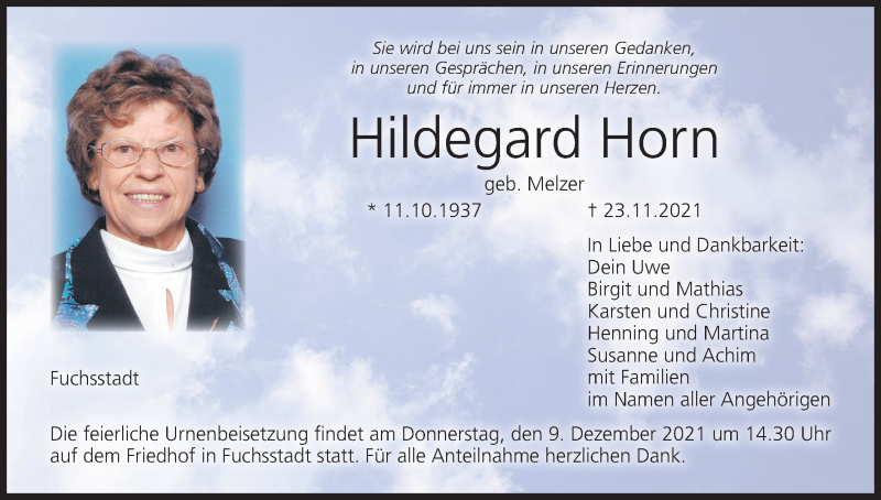  Traueranzeige für Hildegard Horn vom 04.12.2021 aus MGO