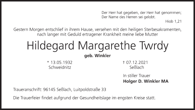  Traueranzeige für Hildegard Margarethe Twrdy vom 08.12.2021 aus MGO