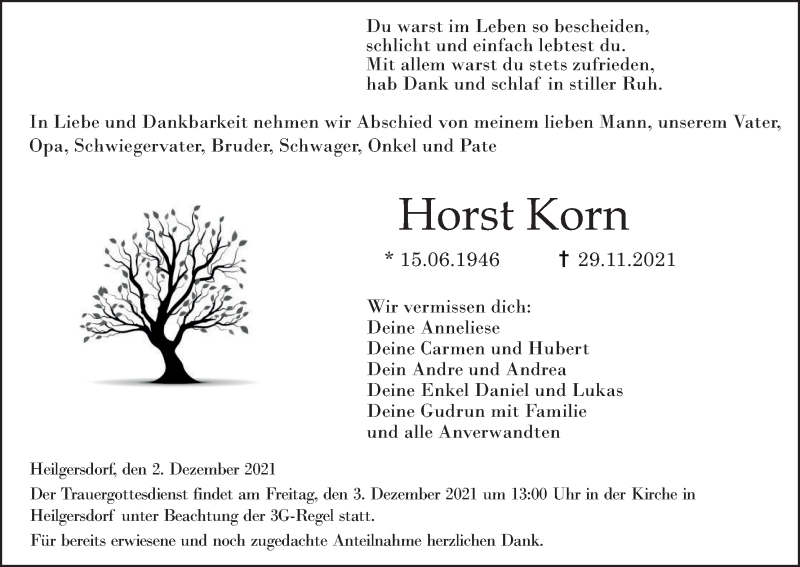  Traueranzeige für Horst Korn vom 02.12.2021 aus MGO