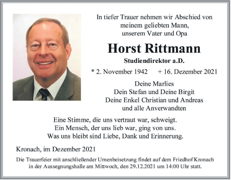  Traueranzeige für Horst Rittmann vom 23.12.2021 aus MGO